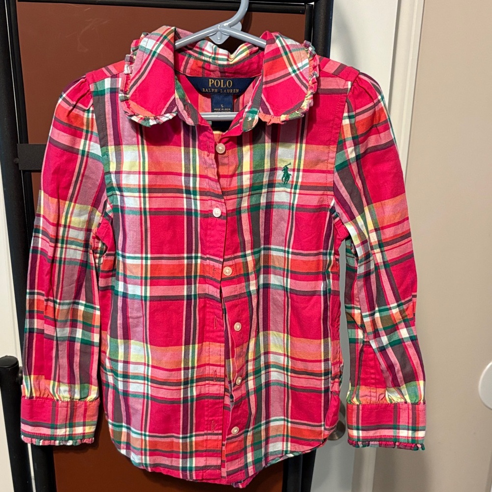 Polo by Ralph Lauren Red & Green Plaid Ruffle Collar Button-Down Shirt